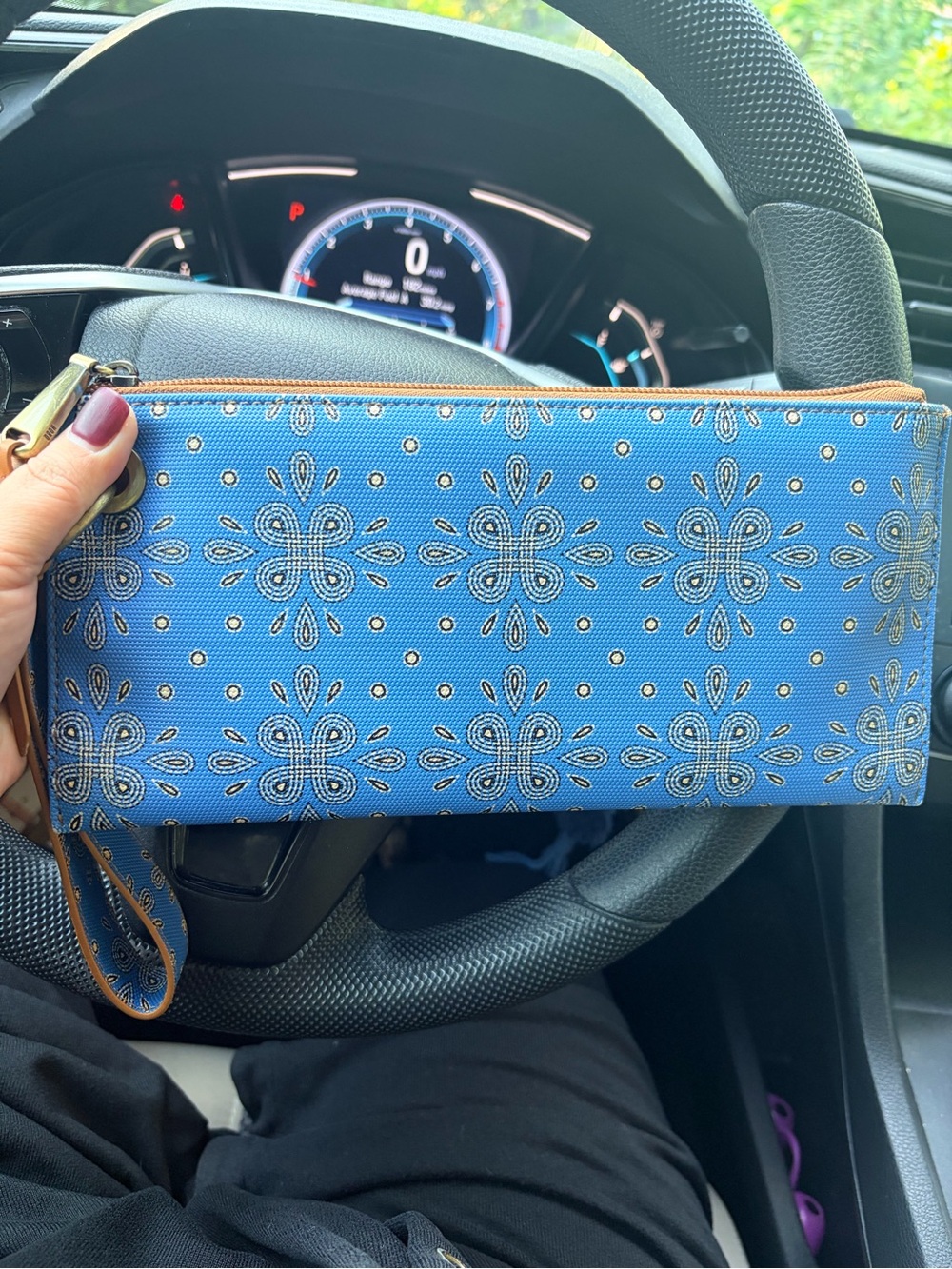 HOBO Blue Floral Print Wristlet Clutch with Tan Trim